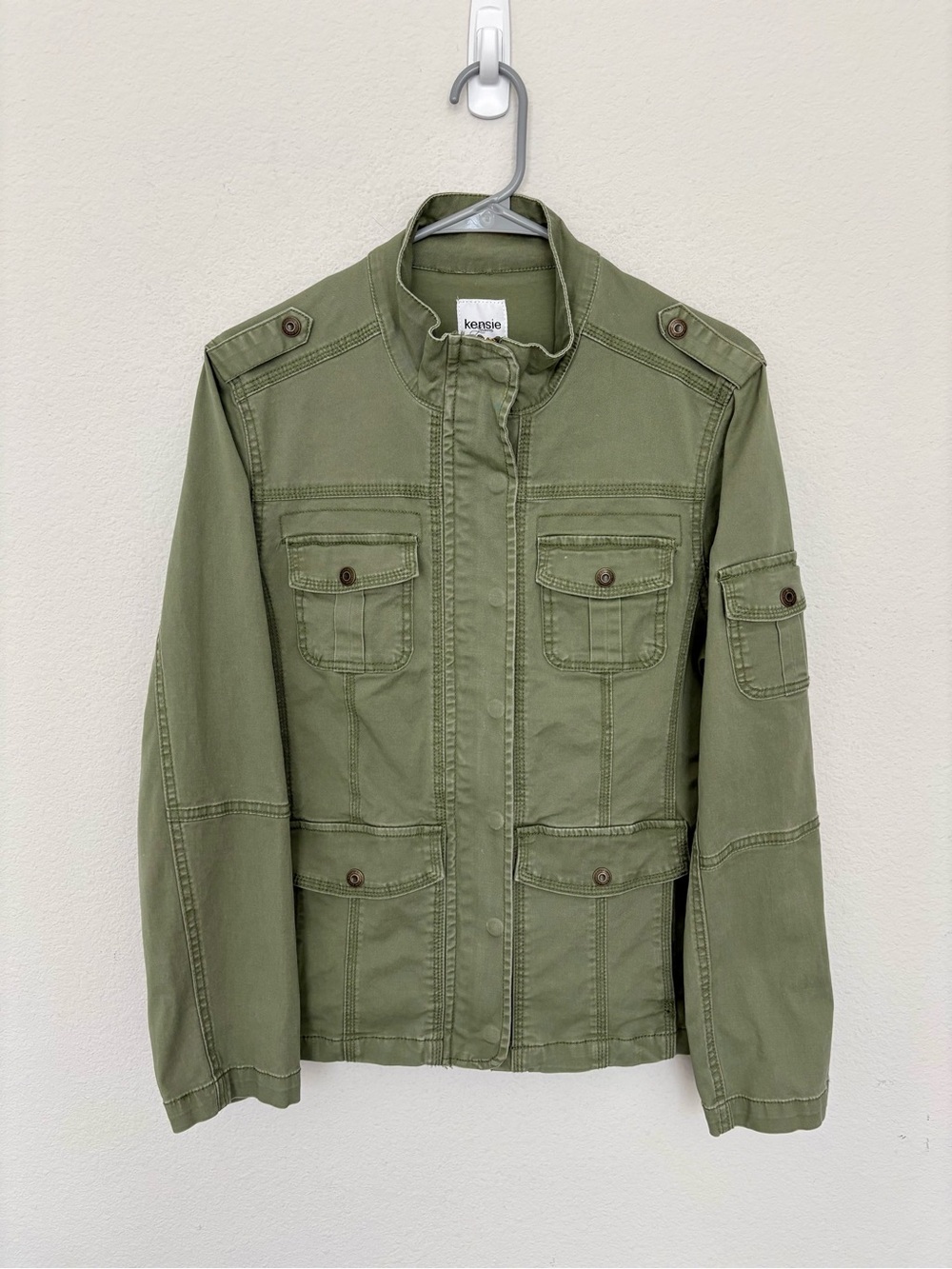 Kensie Olive Green Full Zip Snap Utility Jacket Large Fall Pockets Casual